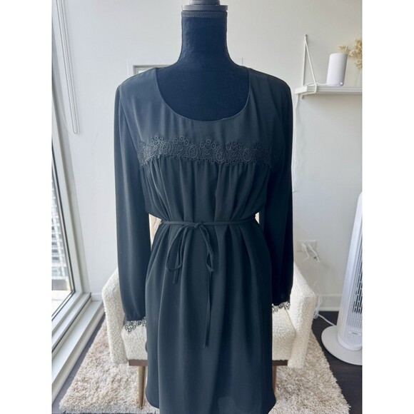 A New Day Black Long Sleeve Embroidered Tie Waist Dress Size Medium NEW - Picture 2 of 6